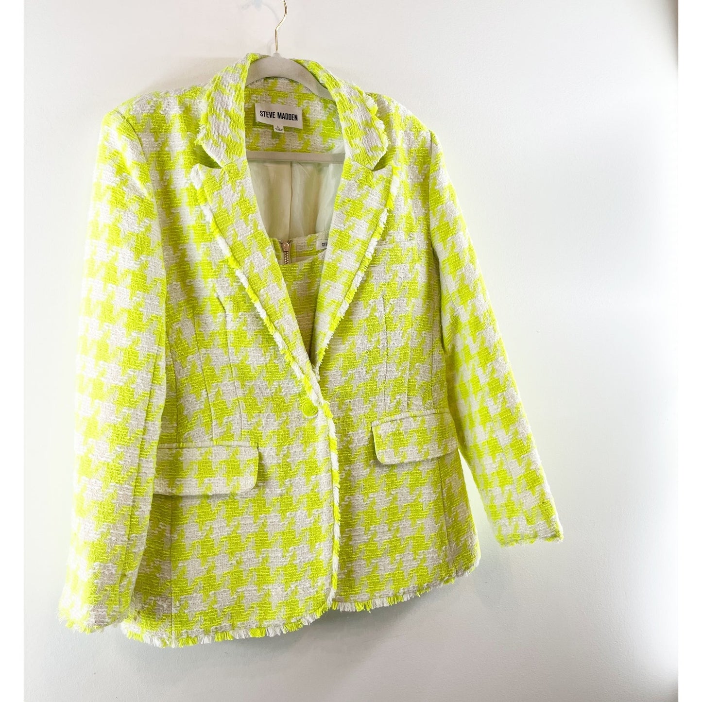 Steve Madden Houndstooth Tweed Layla Crop Tank Top & Harlow Blazer Set Lime L