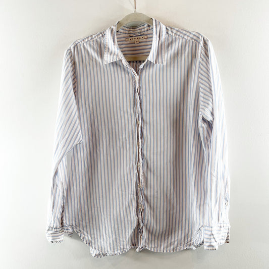 Xirena Long Sleeve Striped Button Down Cotton Shirt White Blue Medium