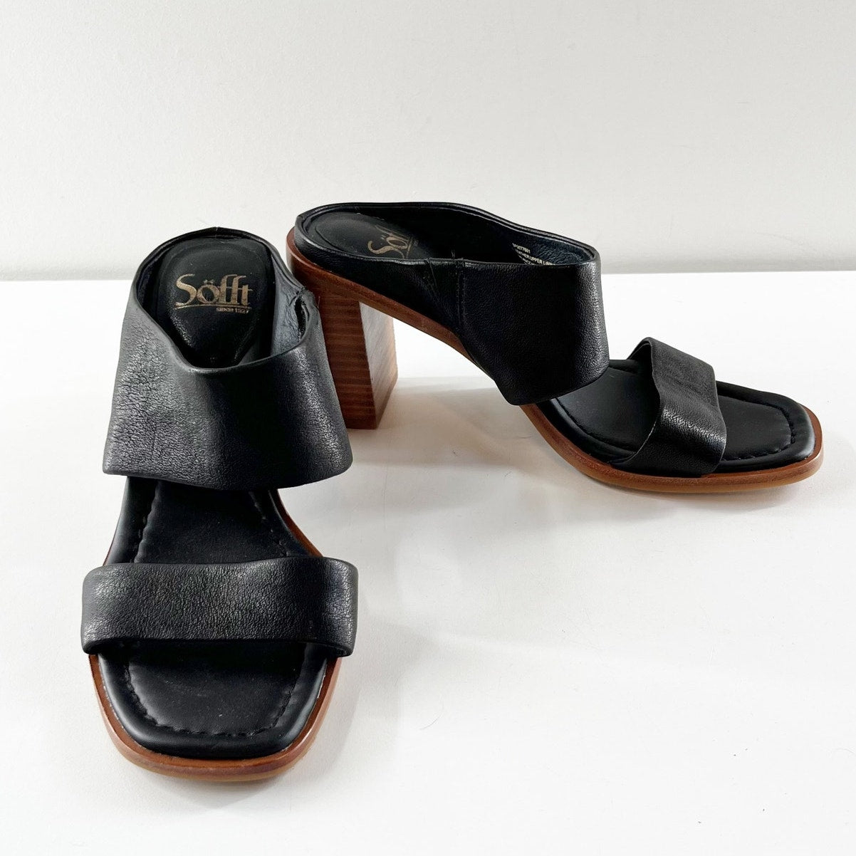 Sofft Sheila Leather Block Hell Square Toe Mule Sandals Shoes Black 8