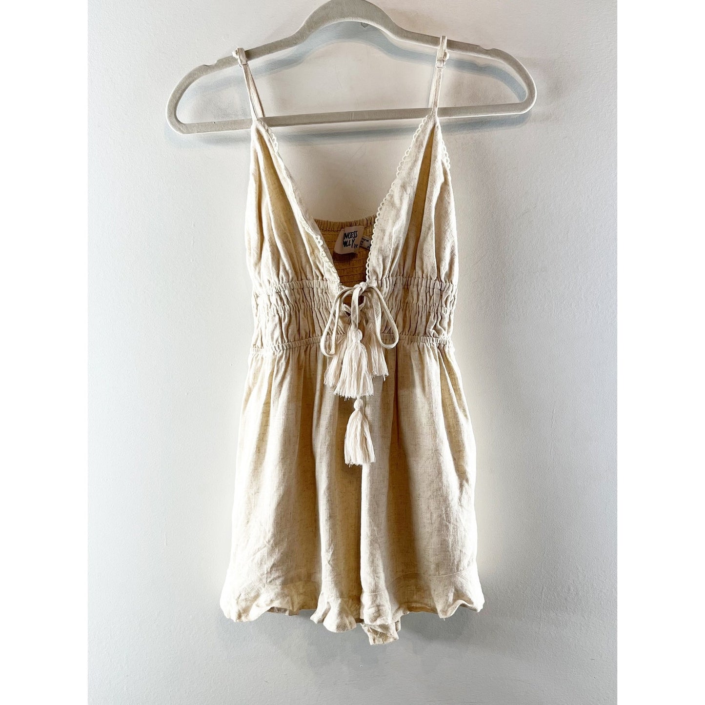 Princess Polly Colleen Tie Front Linen Blend Plunge Romper Tan Beige 0