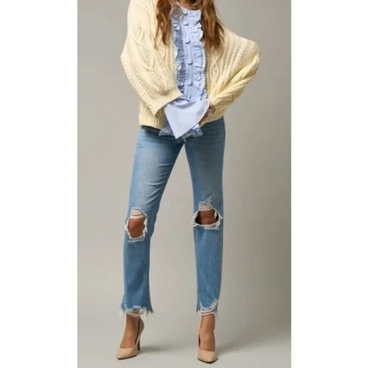 Insane Gene High Rise Distressed Chewed Hem Straight Leg Jeans Blue 29