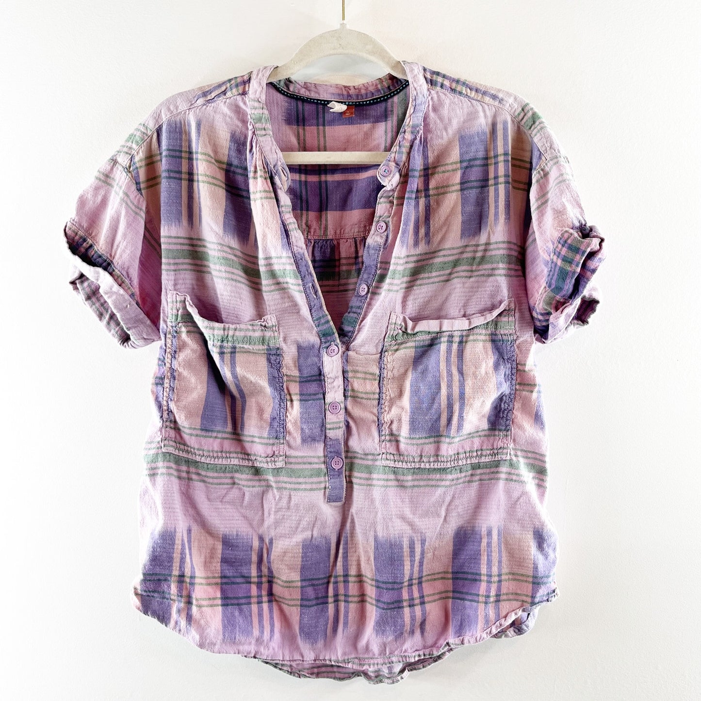 Pilcro Short Sleeve Hannah Plaid Surf Shirt Top Pink Large