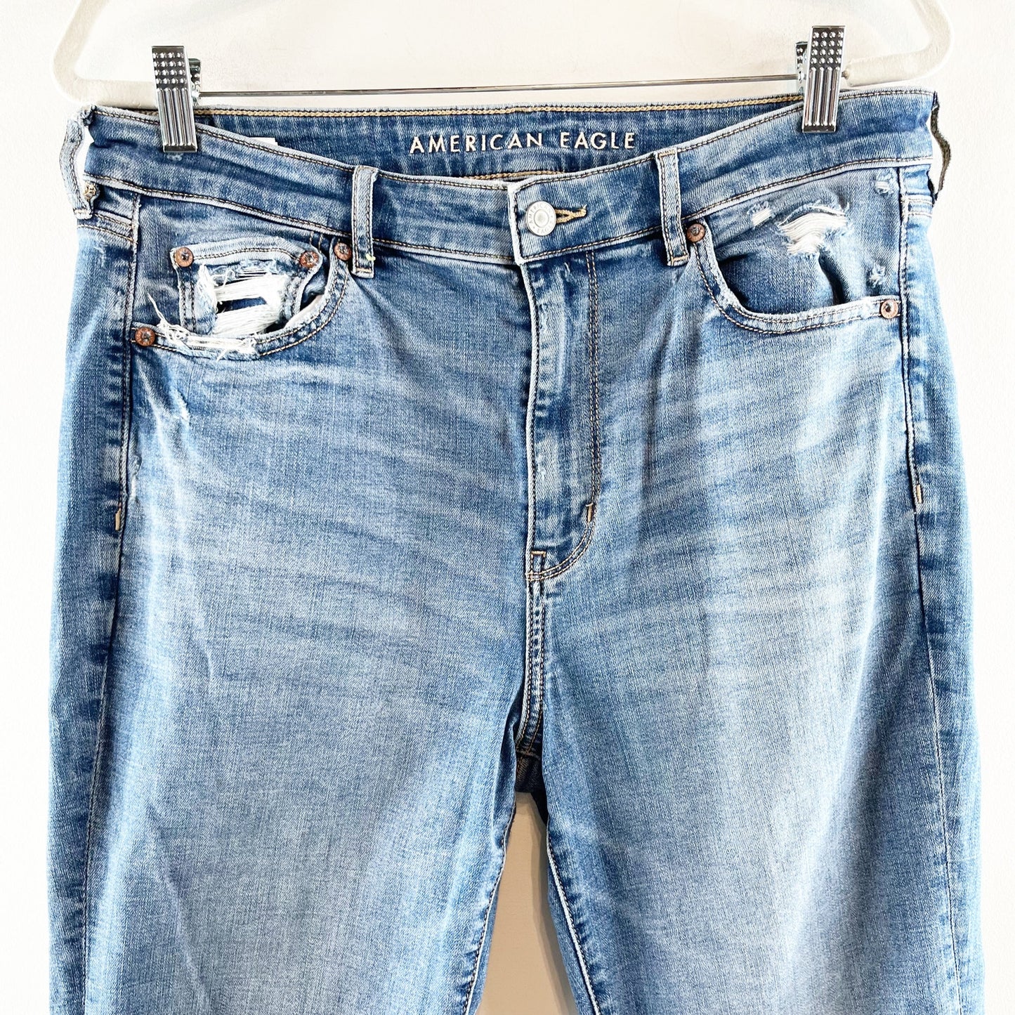 American Eagle Super Hi Rise Distressed Flare Jeans Blue 12 Petite