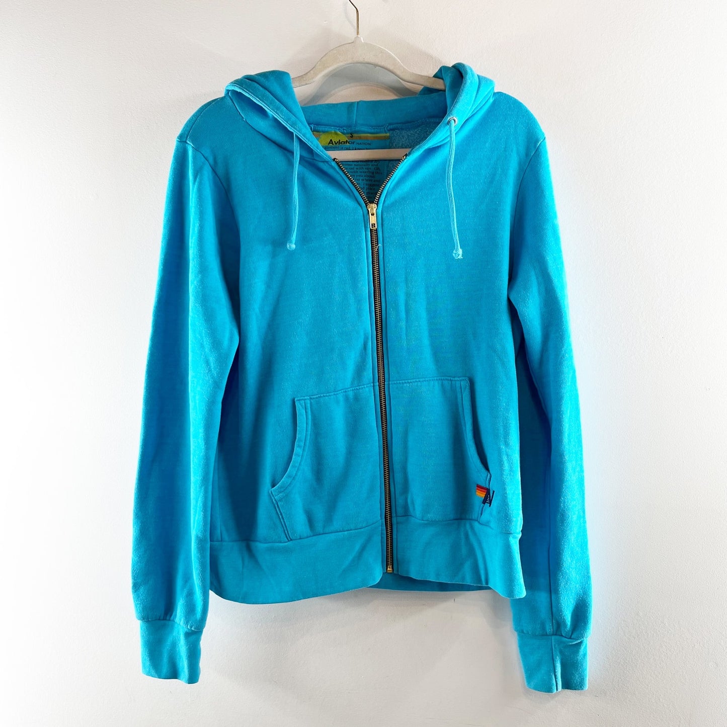 Aviator Nation Full Zip Lightning Bolt Hoodie Neon Blue Small