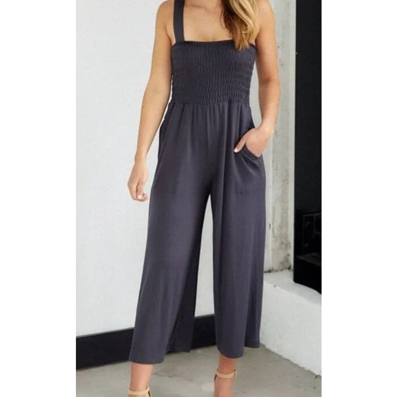 Z Supply Sleeveless Smocked Sleeveless Cropped Wide Leg Jumpsuit Blue Medium