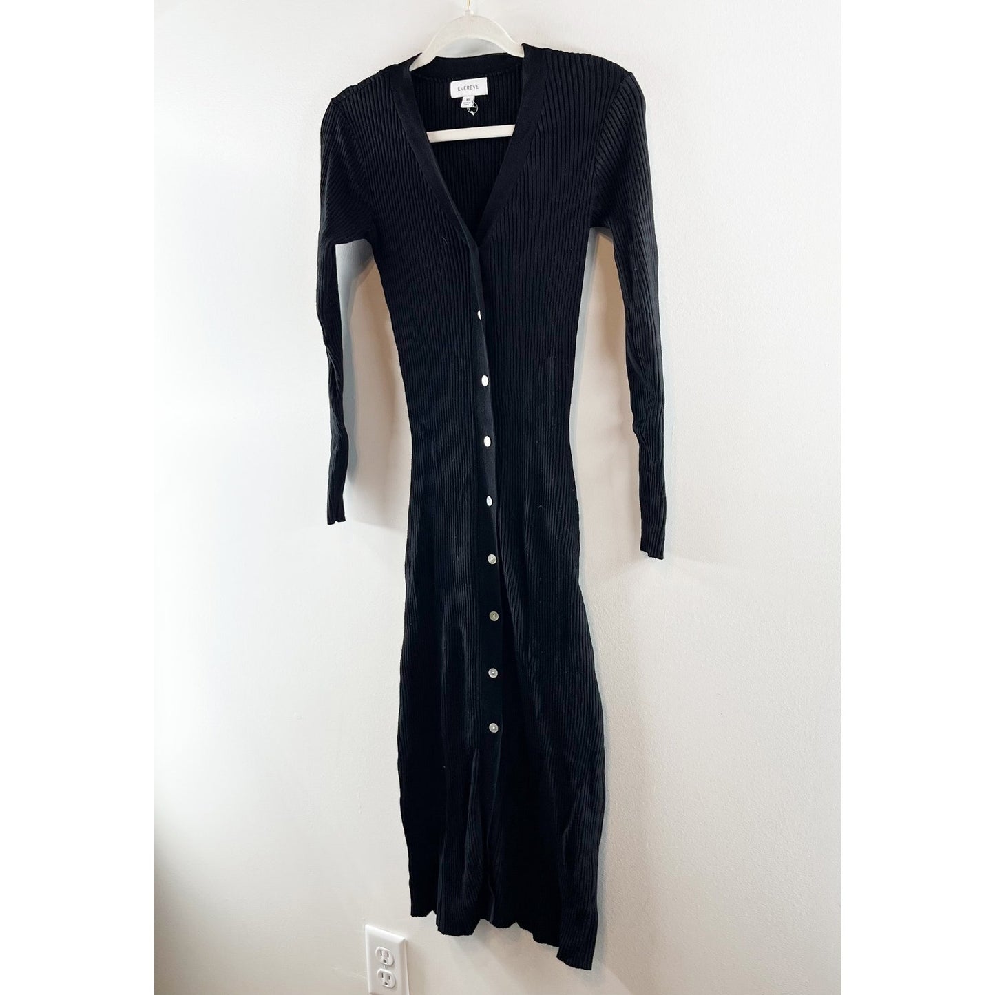 Evereve Ribbed V Neck Button Up Sweater Midi Dress Black XS