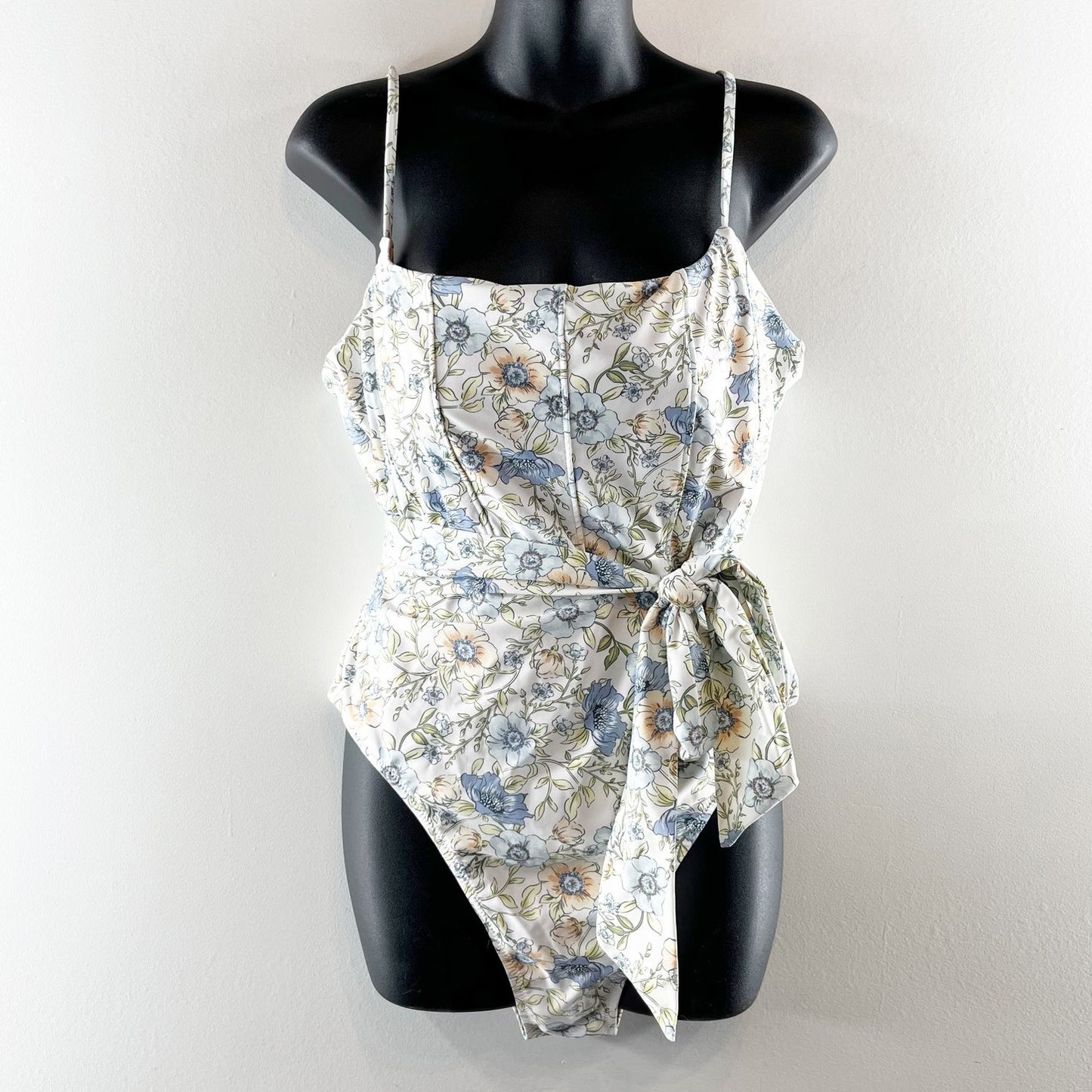 J. Crew Topstitched Floral Tie Waist One Piece Swimsuit Cream Large