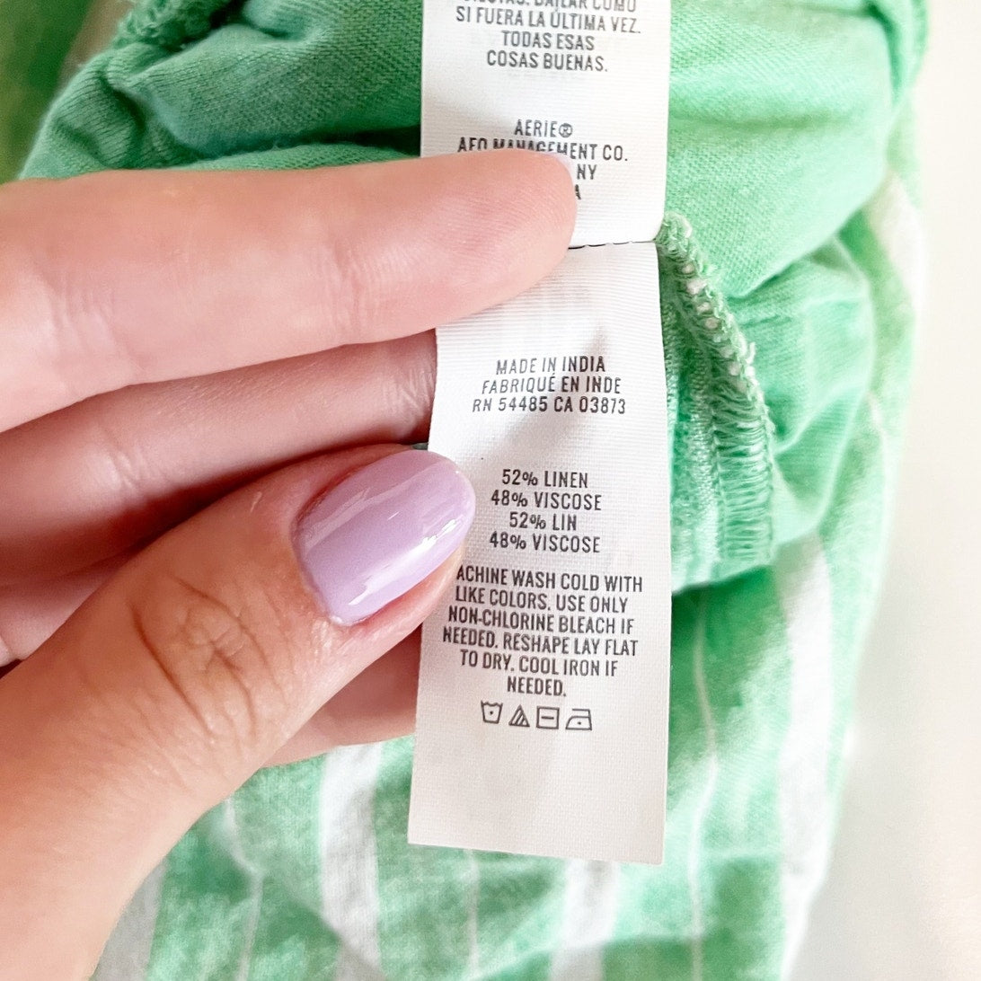 Aerie Linen Blend Striped Pull On Smocked High Waisted Shorts Celebrity Green L
