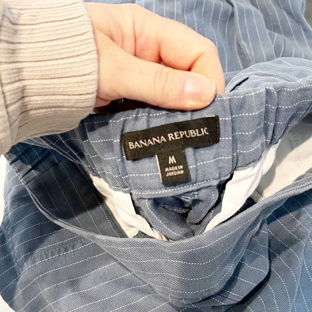 Banana Republic Linen Blend High Rise Pinstripe Straight Leg Trouser Pants Blue