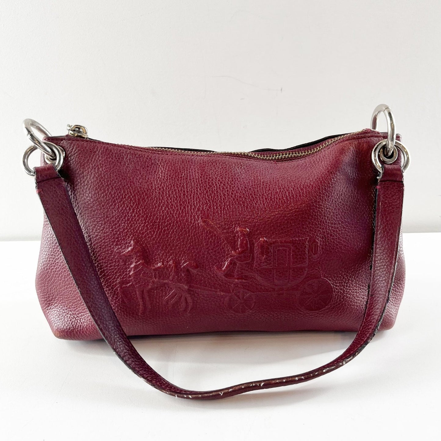 Coach Pebbled Leather Horse & Carriage Shoulder Bag Purse Maroon Red