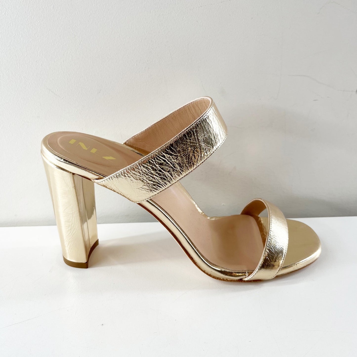 Inez Sara Metallic Leather Slip On Double-Strap Block Heel Sandals Gold 9