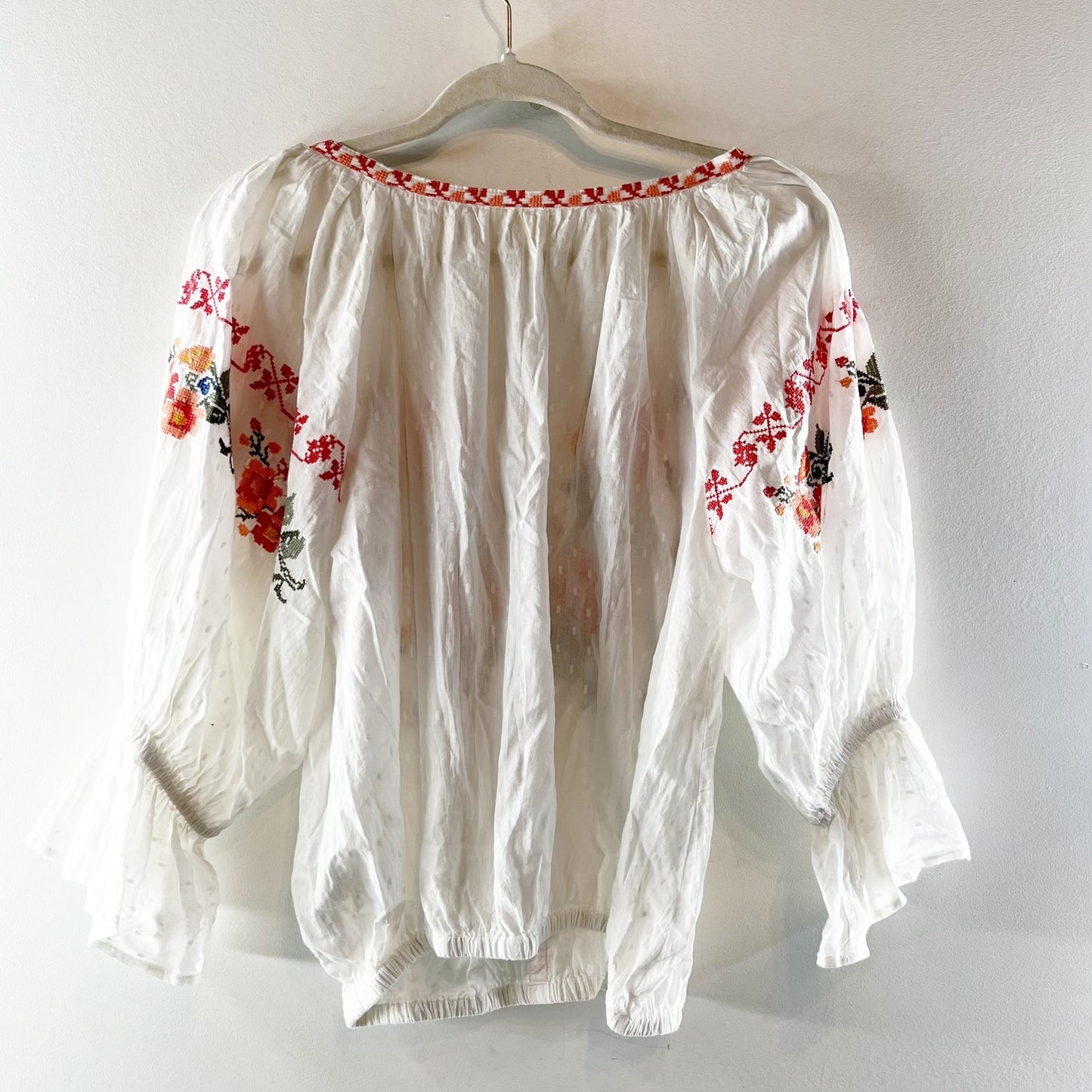 Solitaire Embroidered Cotton Long Sleeve Peasant Blouse Top White Small