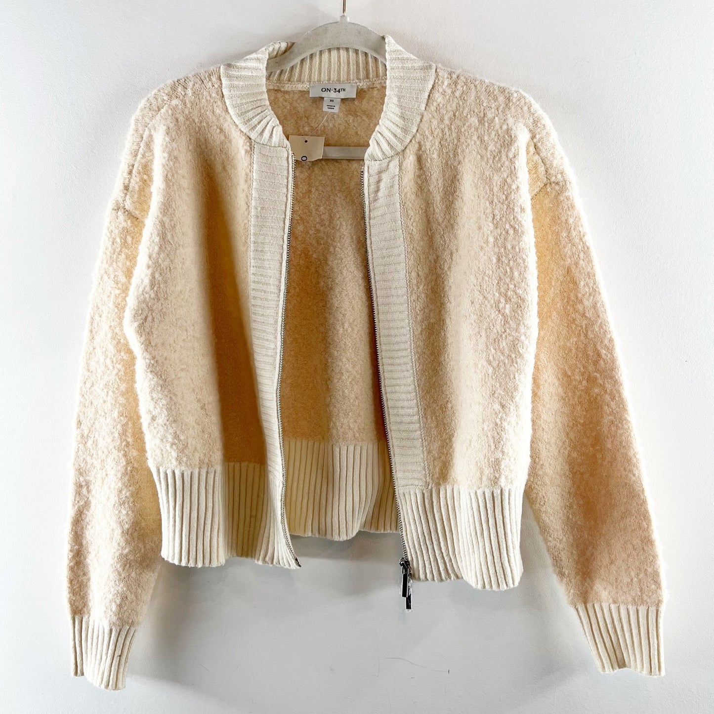 On 34th Boucle Double Zip Up Long Sleeve Cozy Bomber Jacket Cream Ivory XS
