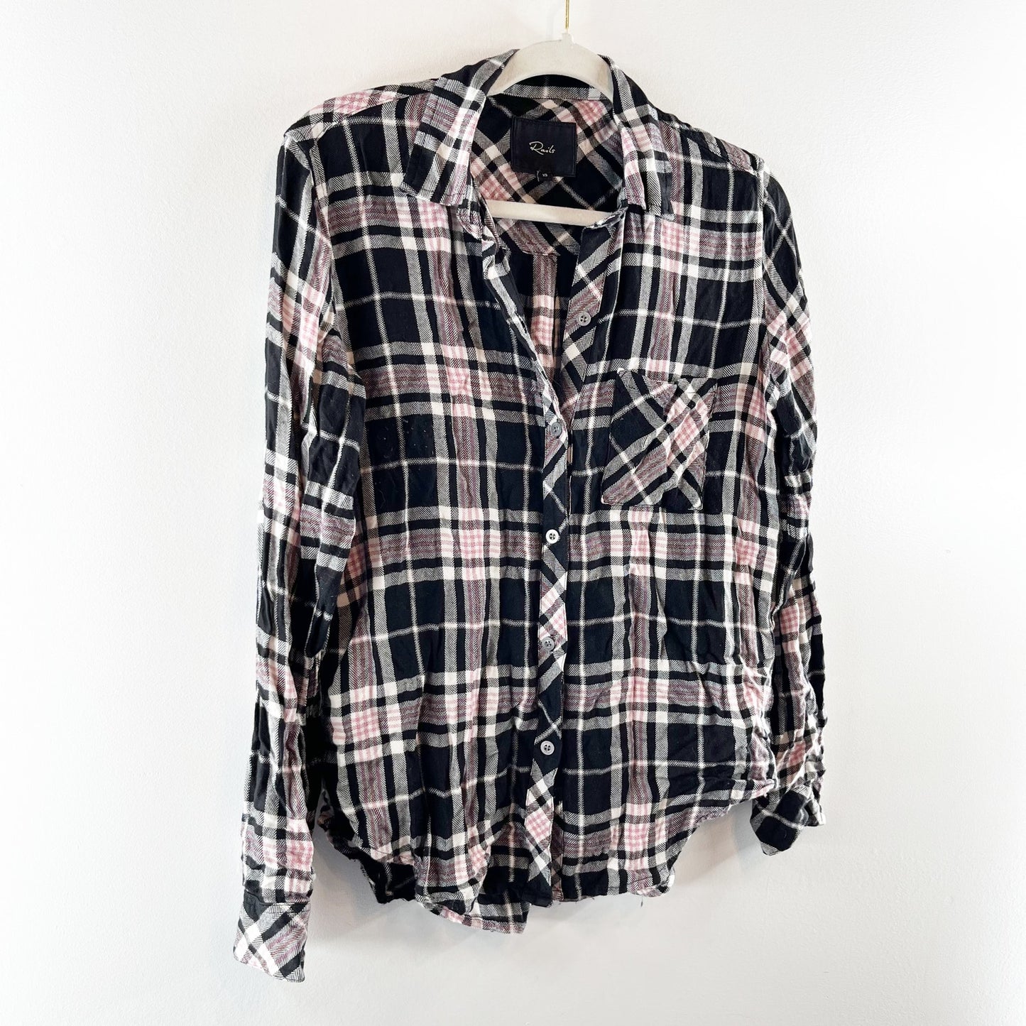 Rails Hunter Long Sleeve Plaid Flannel Button Down Shirt Onyx Rose Gold XS