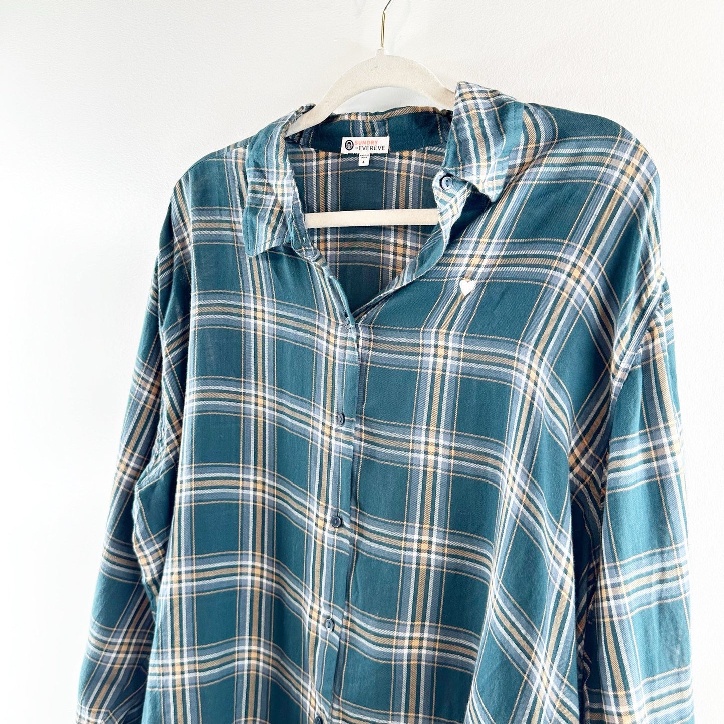 Sundry Evereve Heart Plaid Long Sleeve Hi-Low Button Down Shirt Pine Green Small