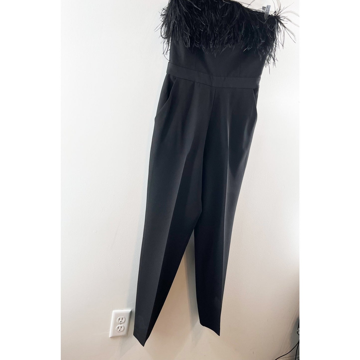 Saylor Janae Straight-Leg Strapless Jumpsuit with Feather Trim Black Medium