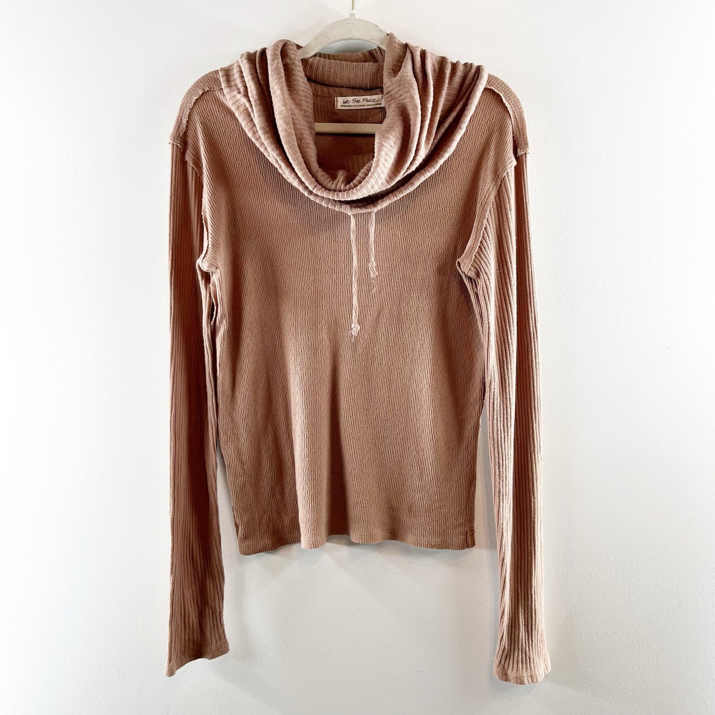 Free People Care FP Hot Peppers Textured Long Sleeve Cowl Neck Hoodie Tan XS