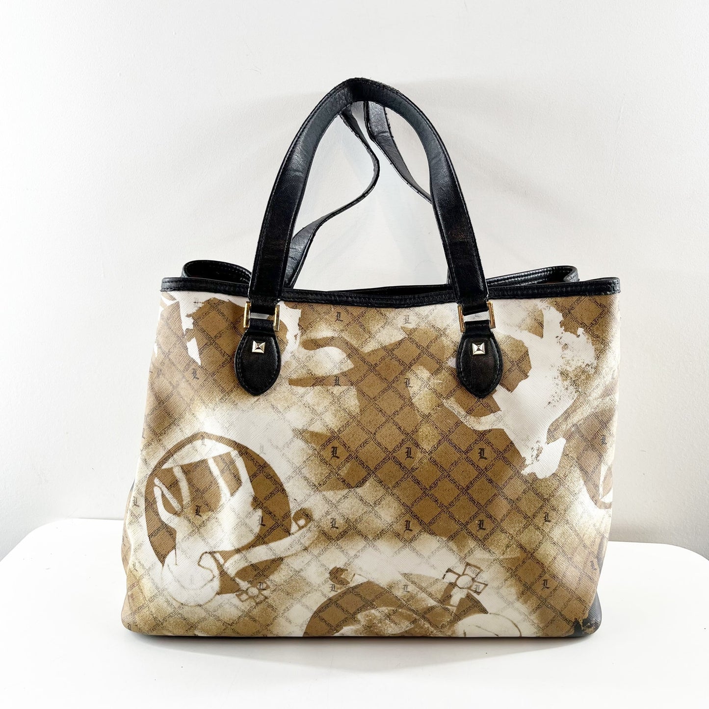 L.A.M.B by Gwen Stefani Stencil Pattern Tote Bag Purse Gold Black