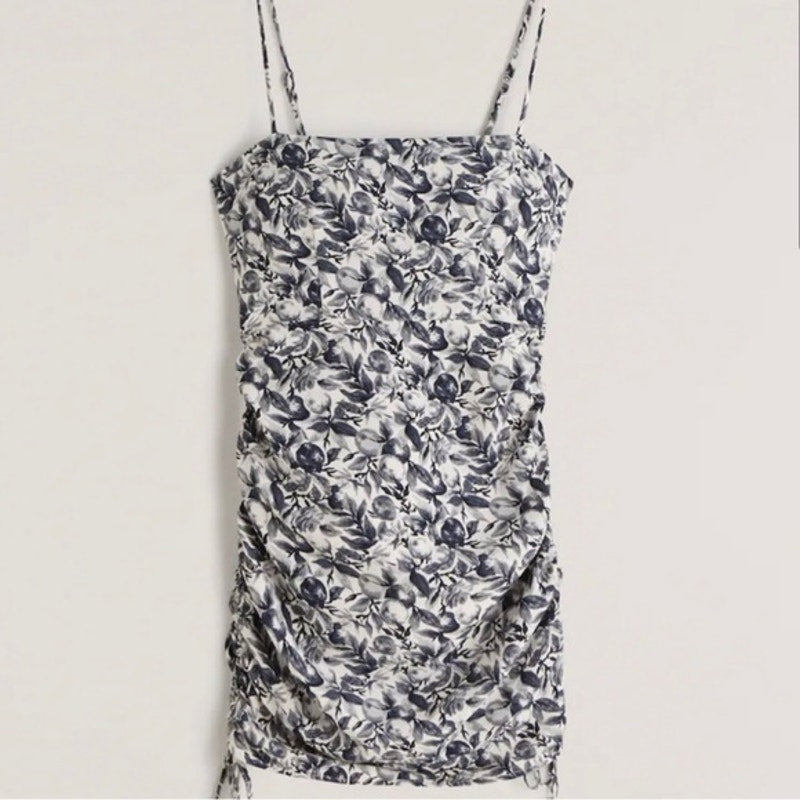 Abercrombie & Fitch Ruched Floral Side Tie Mini Dress White Blue XL Tall