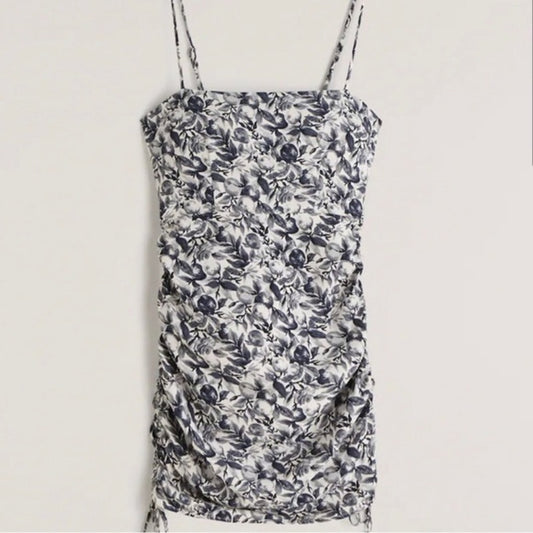 Abercrombie & Fitch Ruched Floral Side Tie Mini Dress White Blue XL Tall