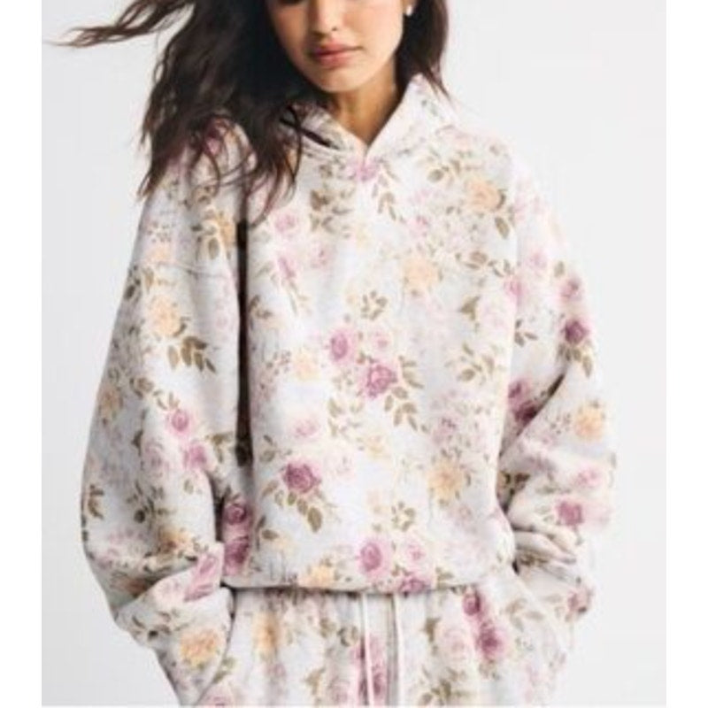 Abercrombie Sunday Hoodie Floral Print Gray Pink Medium