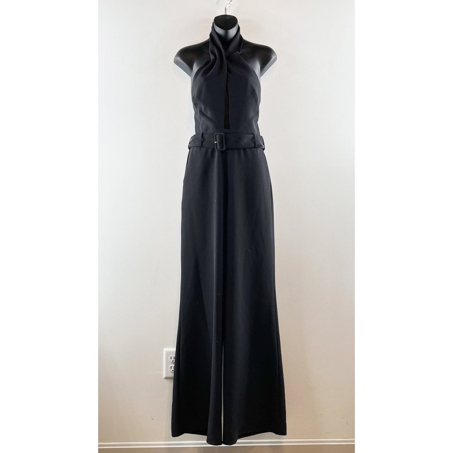 INTERMIX Motobi Halter Neck Keyhole Front Belted Wide Leg Jumpsuit Black Medium