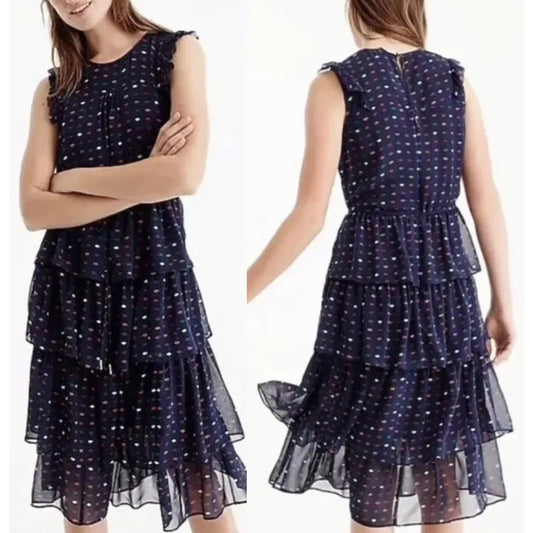 J. Crew Lip Kiss Print Tiered Ruffle Hem Midi Silk Dress Navy Blue 14