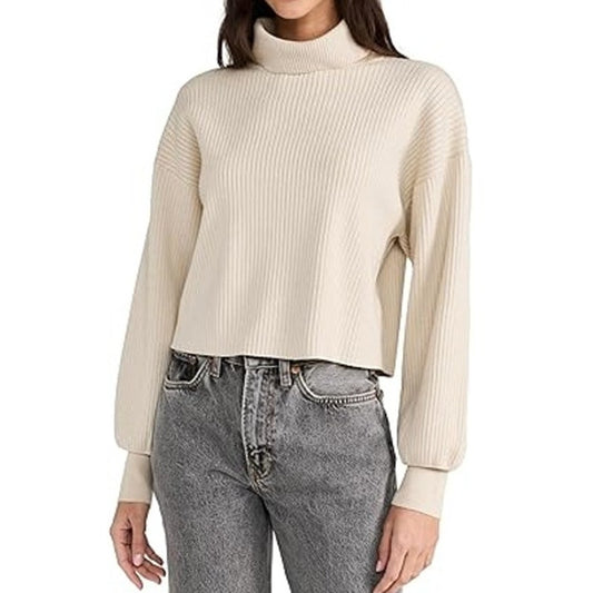 Good American Long Sleeve Ribbed Crop Pullover Sweater Oatmeal Heather 001 Small