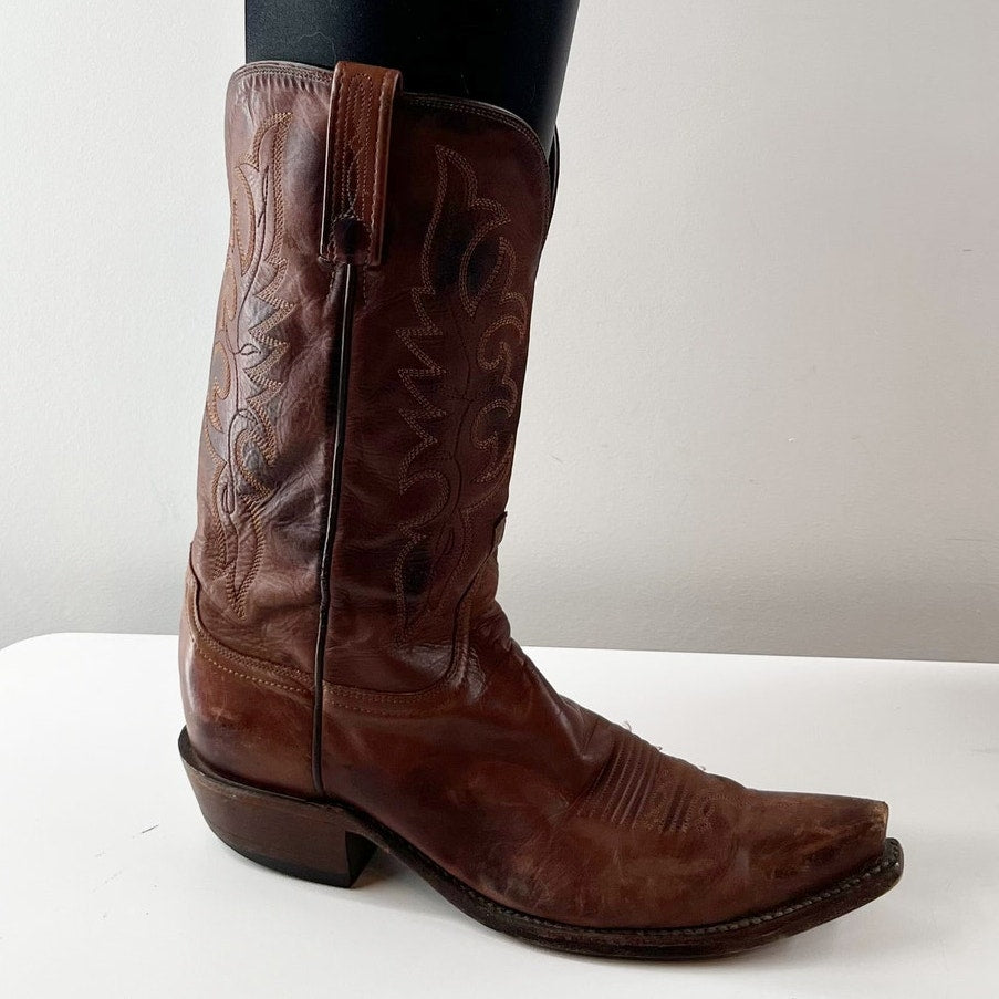 Lucchese Leather Pull On Block Heel Mid-Calf Western Cowboy Boots Brown 10