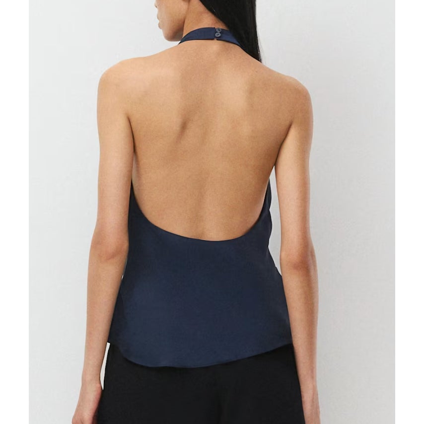 Aritzia Audience High Neck Halter Satin Tank Top Admiral Navy Blue 4