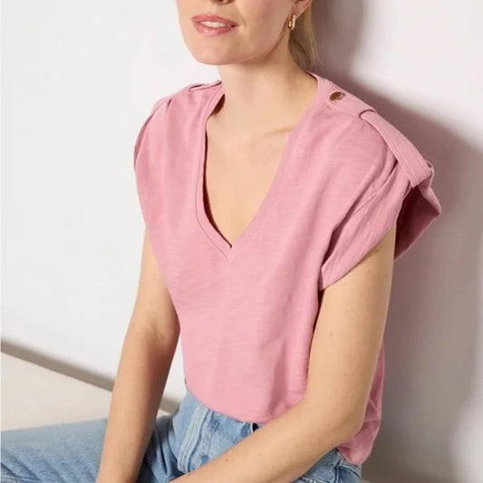 Nation LTD Cooper V Neck Pima Cotton Peated Shoulder Tee Shirt Pink Medium