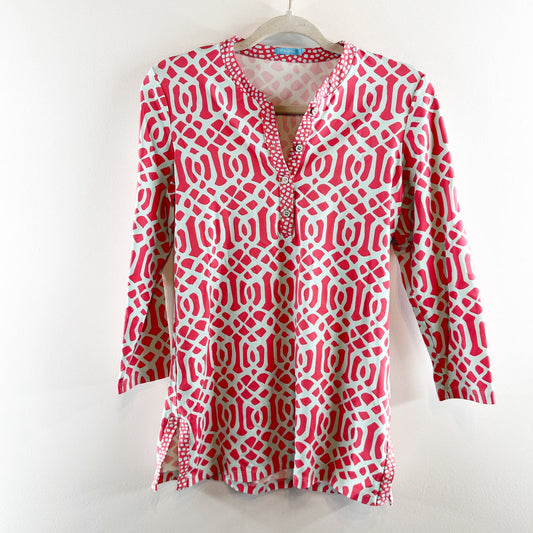 J. McLaughlin 3/4 Sleeve Geometric Print Button Front Tunic Top Red XS