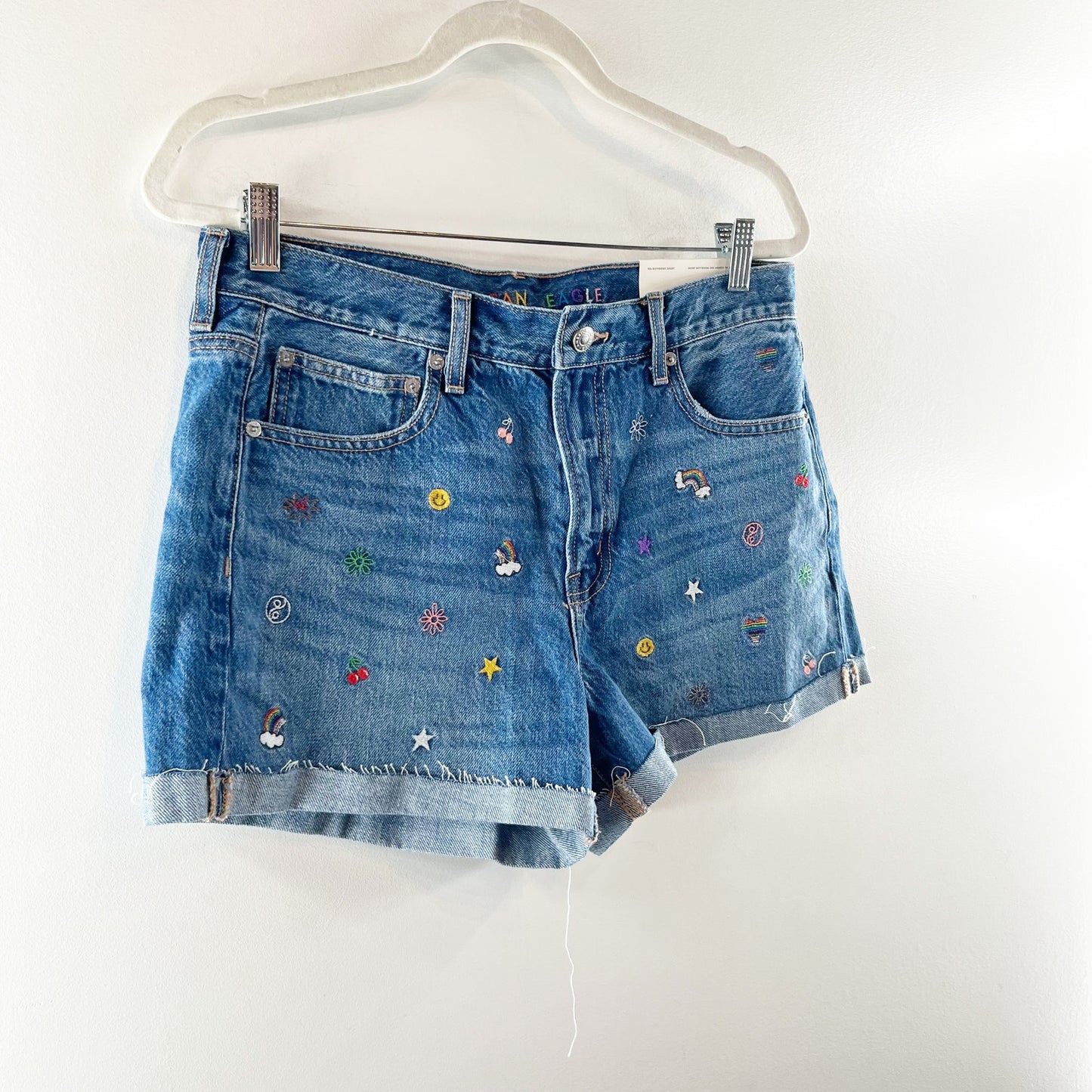 American Eagle Embroidered Cutoff 90's Boyfriend High Rise Jean Shorts Blue 10