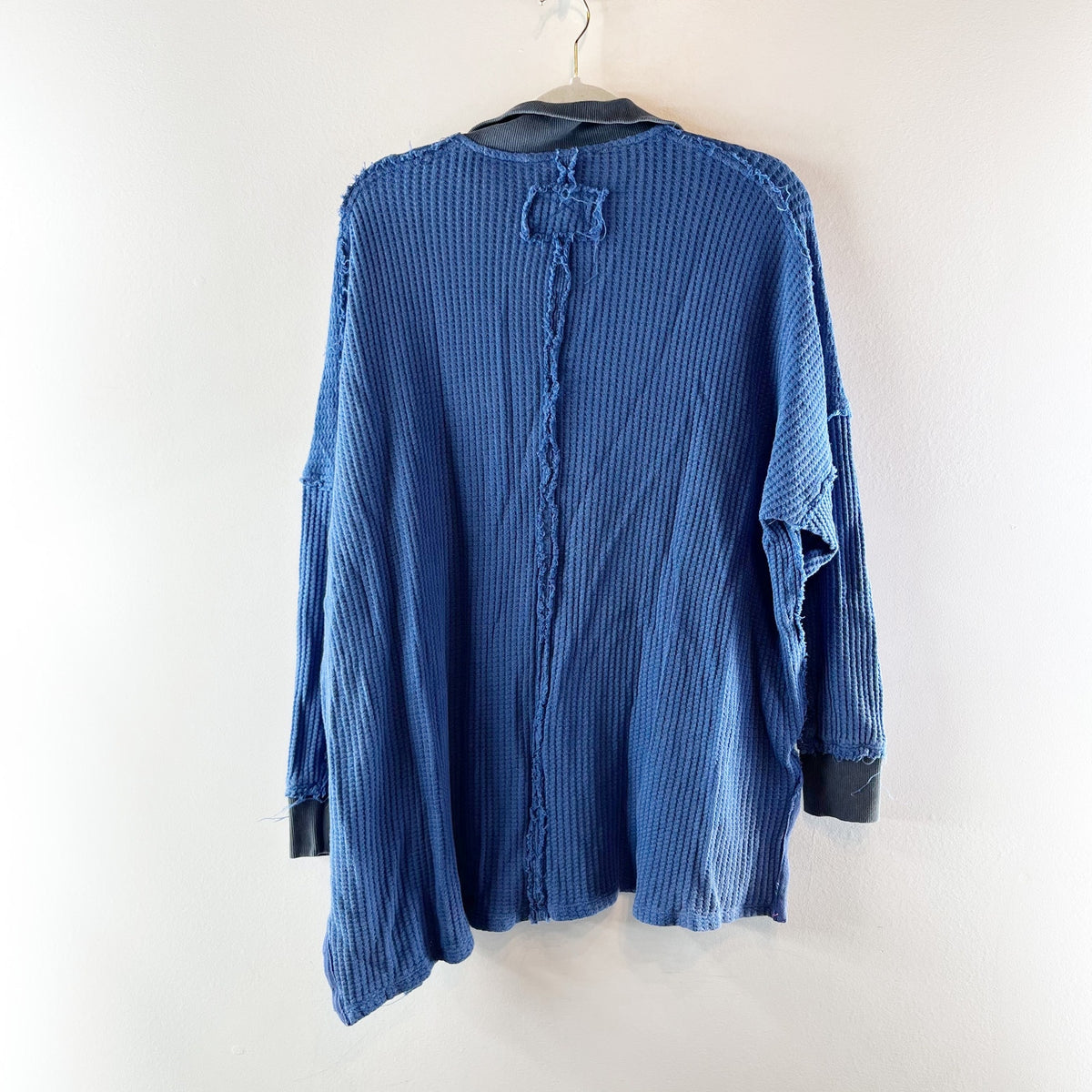 Free People Travis Dropped Shoulder Collared V-Neck Polo Top Dutch Blue Medium