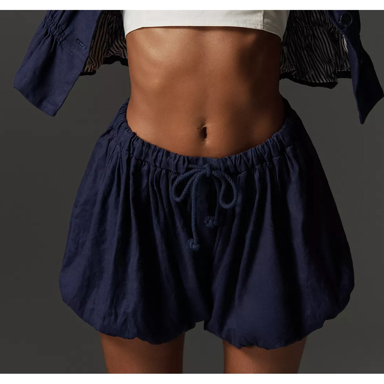 Maeve Anthropologie Linen Blend Cabana Bloomer Bubble Hem Shorts Navy Blue Small