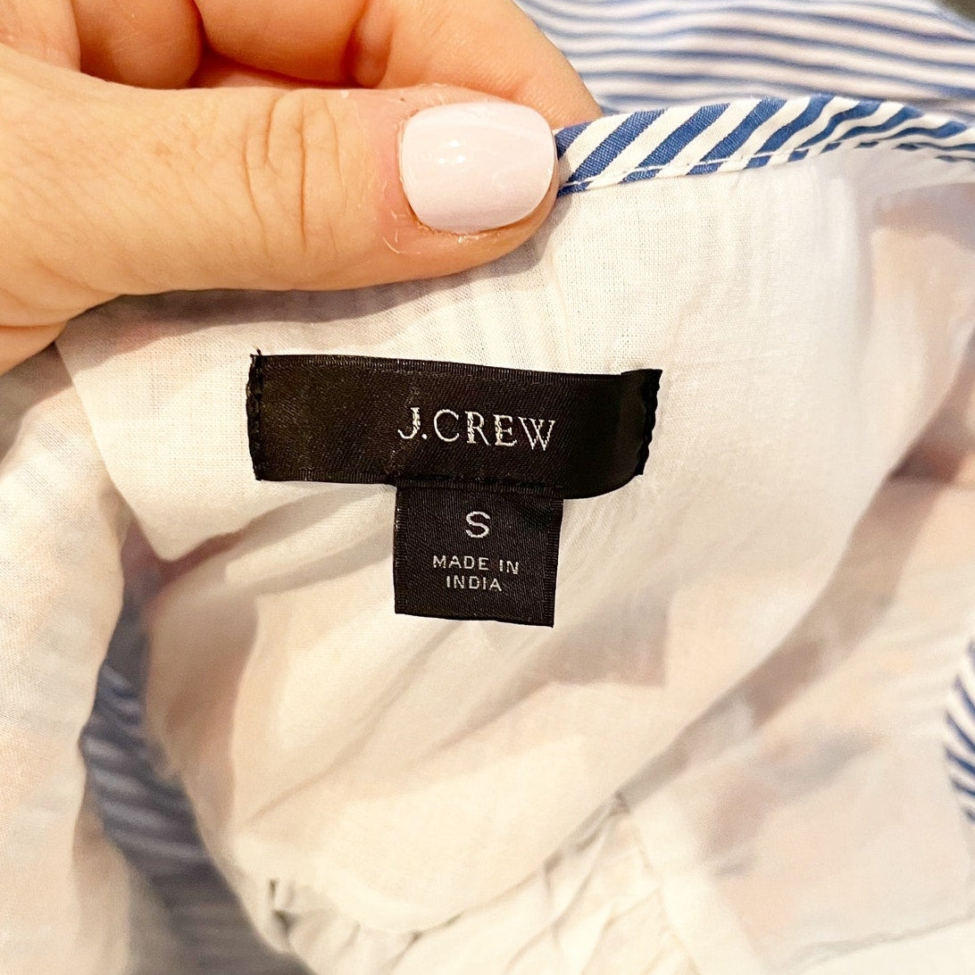 J. Crew Leda Popover Embroidered Striped 3/4 Sleeve Cotton Mini Dress Blue Small