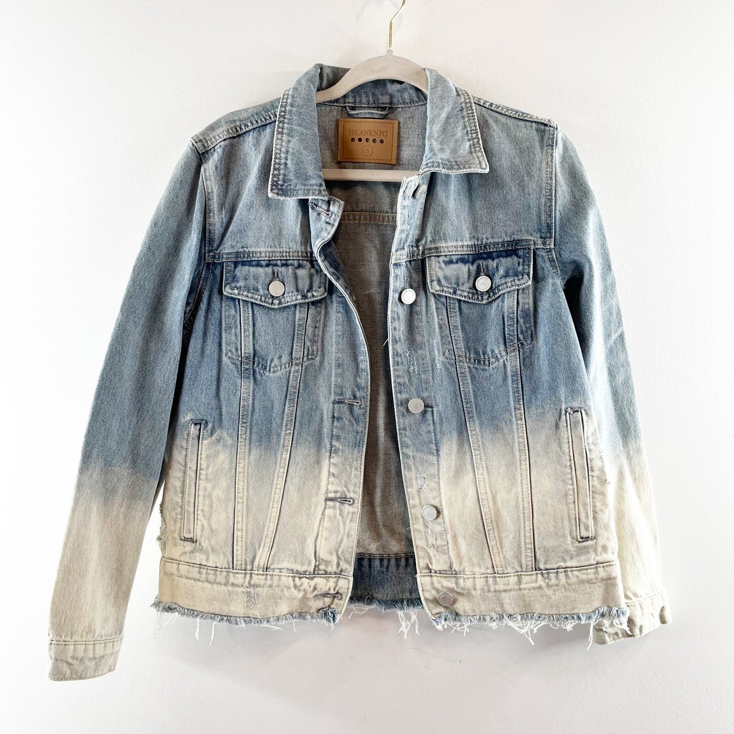Blank NYC Ombre Dip Dye Raw Hem Denim Jean Trucker Jacket Blue White Small