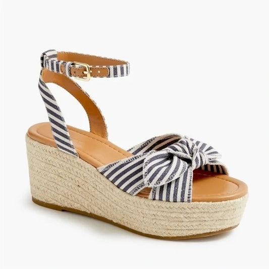 J. Crew Platform Bow Striped Espadrille Wedge Sandals Blue White 8