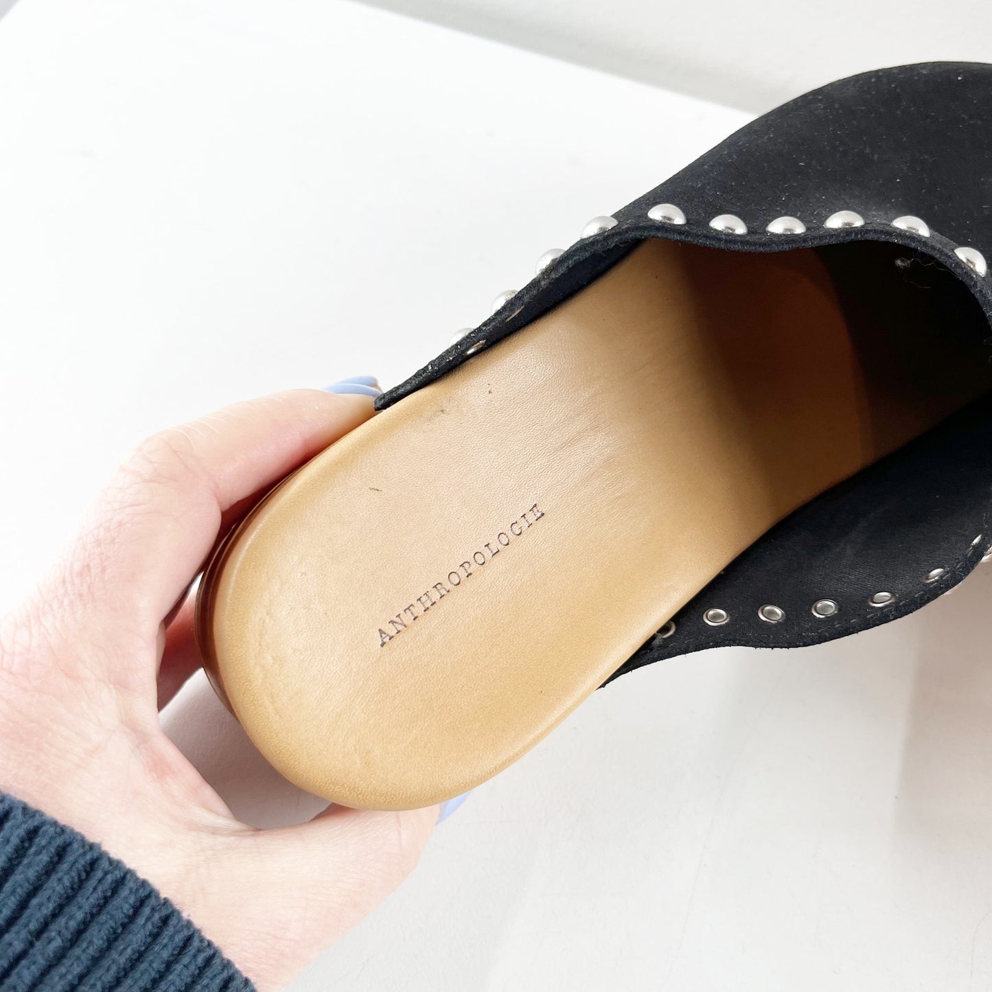 Anthropologie Studded Trim Wood Bottom Clogs Black 40 / US 9.5 / 10