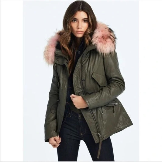 SAM. New York Hudson Fur Hood Waxed Thinsulate Parka Jacket Military Green Small