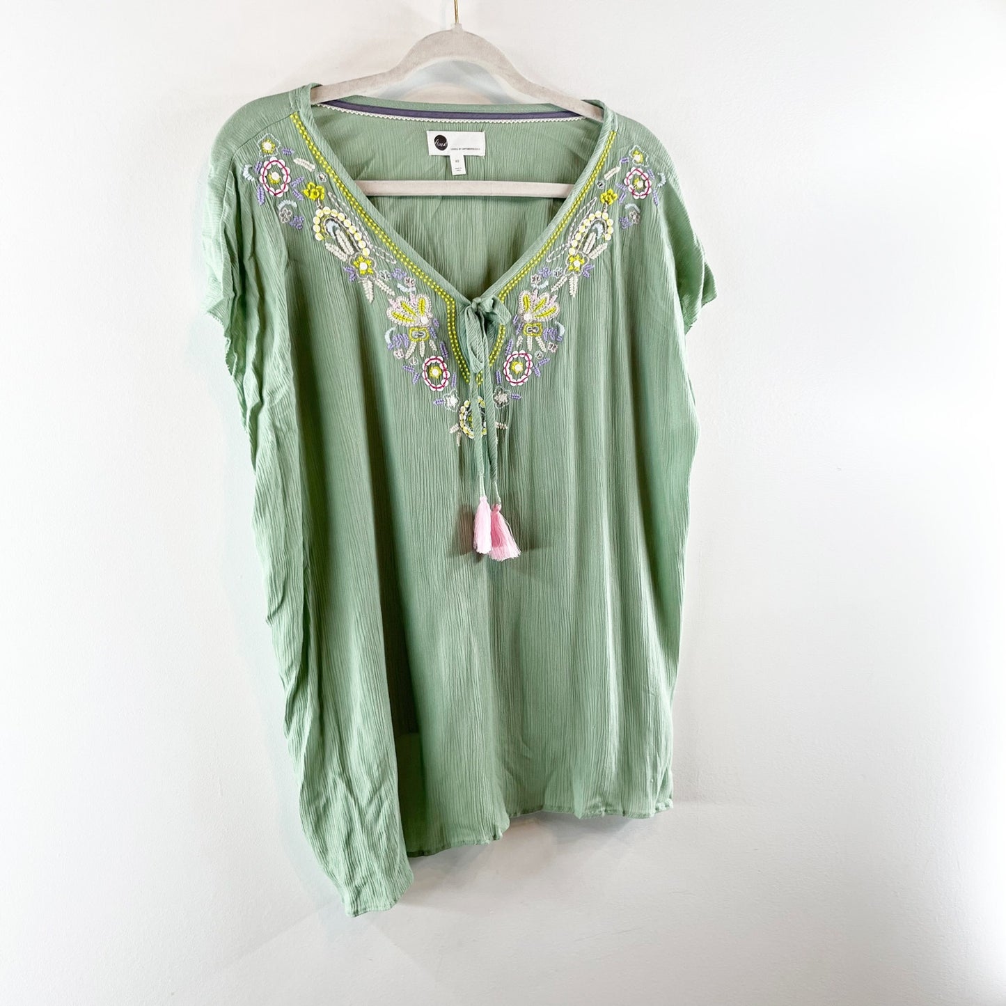 Anthropologie Floreat Persephone Embroidered Short Sleeve Top Green XS
