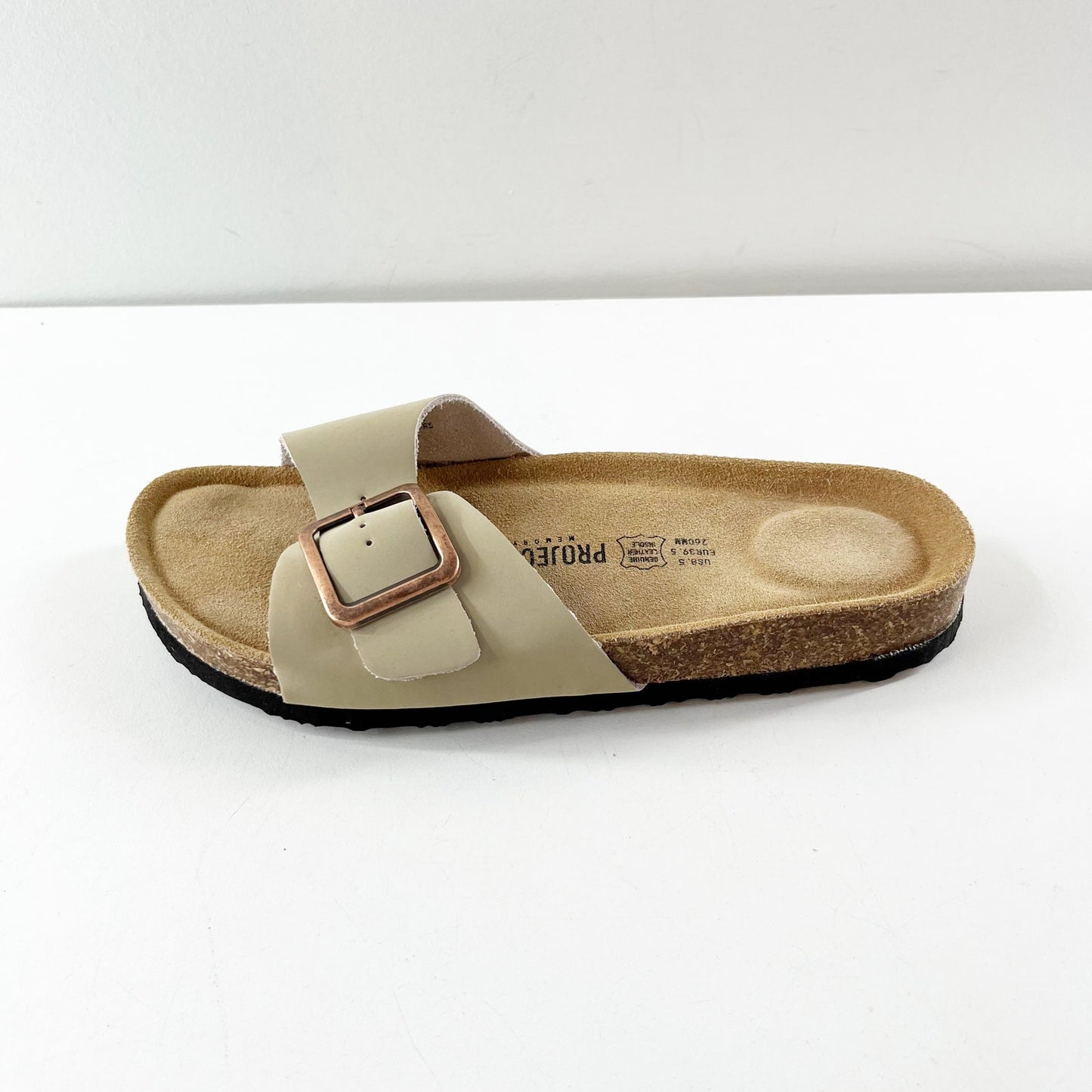 Birkenstock Madrid Big Buckle Nubuck Leather Slide Sandals Sandcastle Tan 8.5