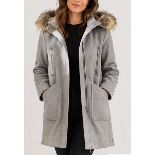 Vince Camuto Wool Blend Long Sleeve Full Zip Fur Trim Hood Pea Coat Small Gray