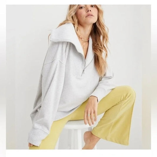 Aerie Beyond Down To Earth Quarter Zip Oversized Ribbed Sweater White Large