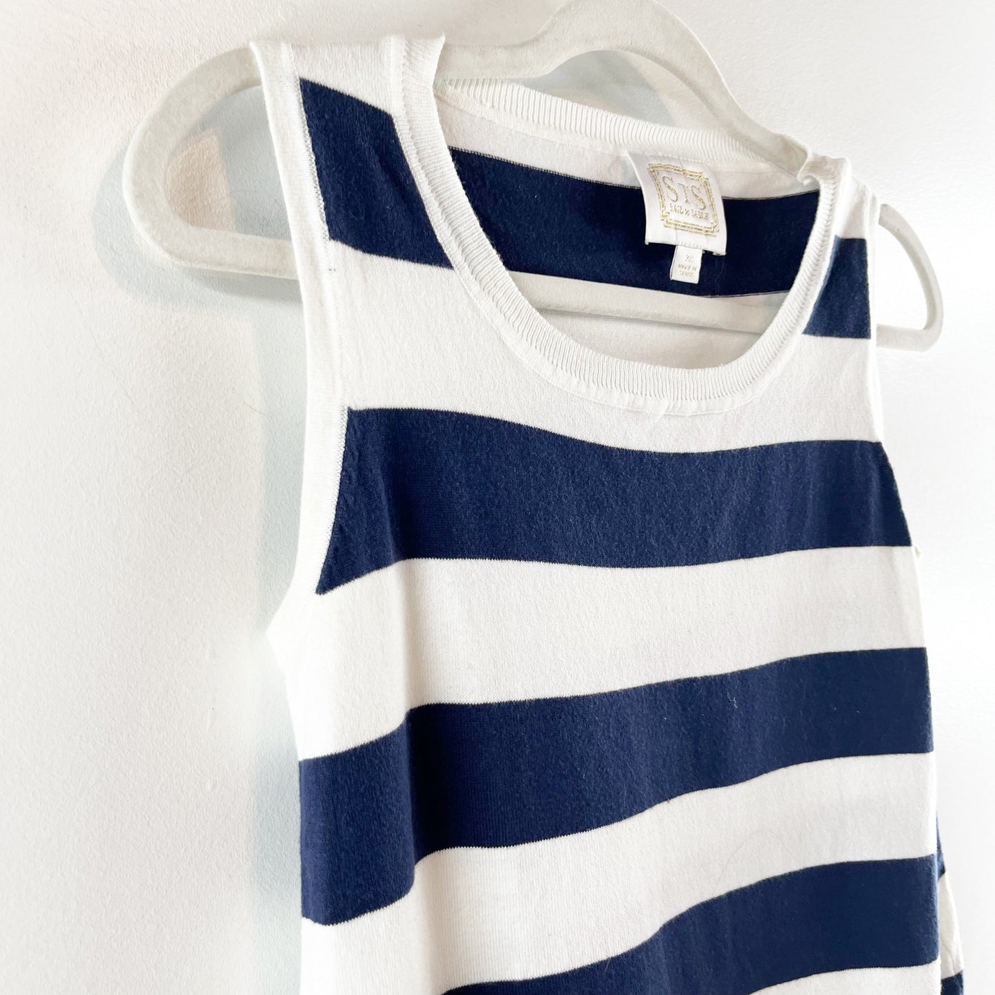 Sail to Sable Hydna Fringe Trim Striped Sweater Tank Top White Blue XS