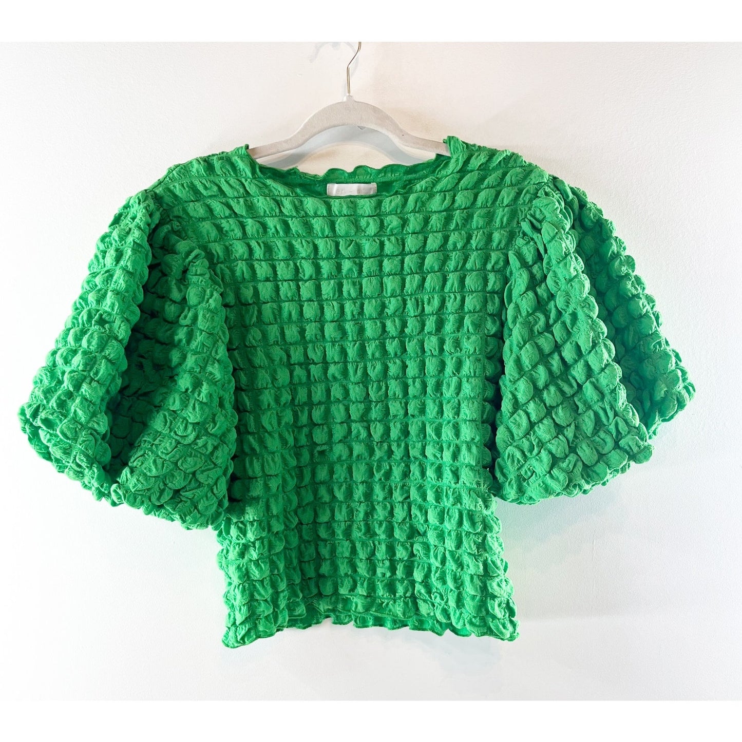 Eri + Ali Anthropologie Textured Puff Sleeve Top Shirt Blouse Green Small