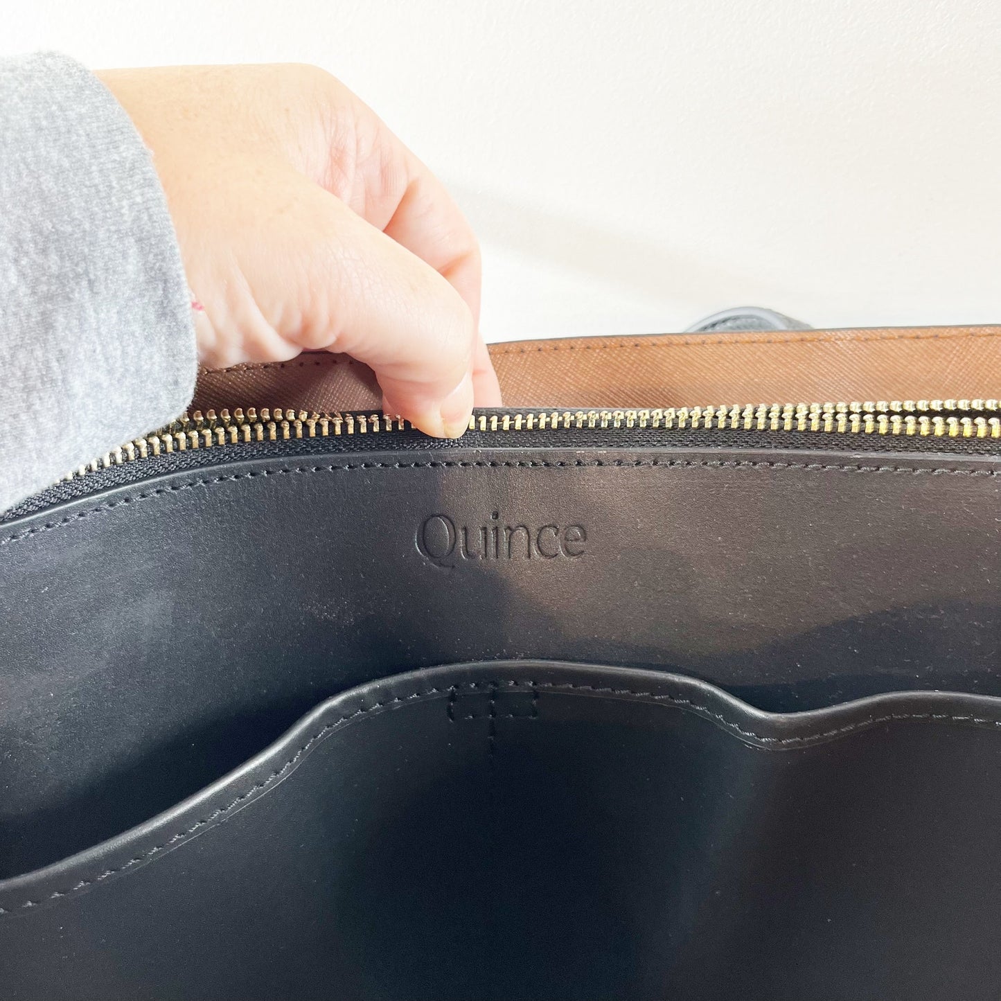 Quince Adeline Leather Triple Compartment Shopper Tote Handbag Purse Black