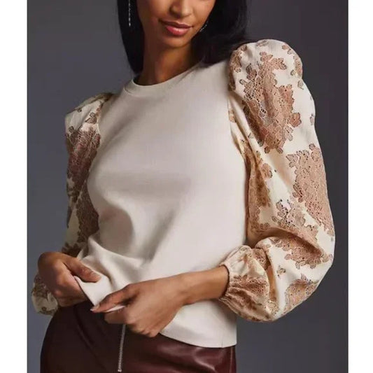 Dolan by Anthropologie Puff-Sleeve Crew Neck Ribbed Blouse Top Cream Large