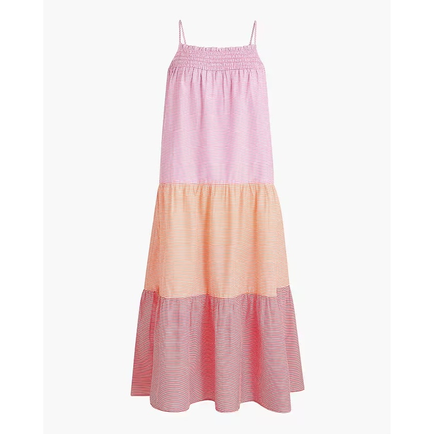J. Crew Smocked Striped Colorblock Tiered Midi Sundress Dress Pink Orange XXL