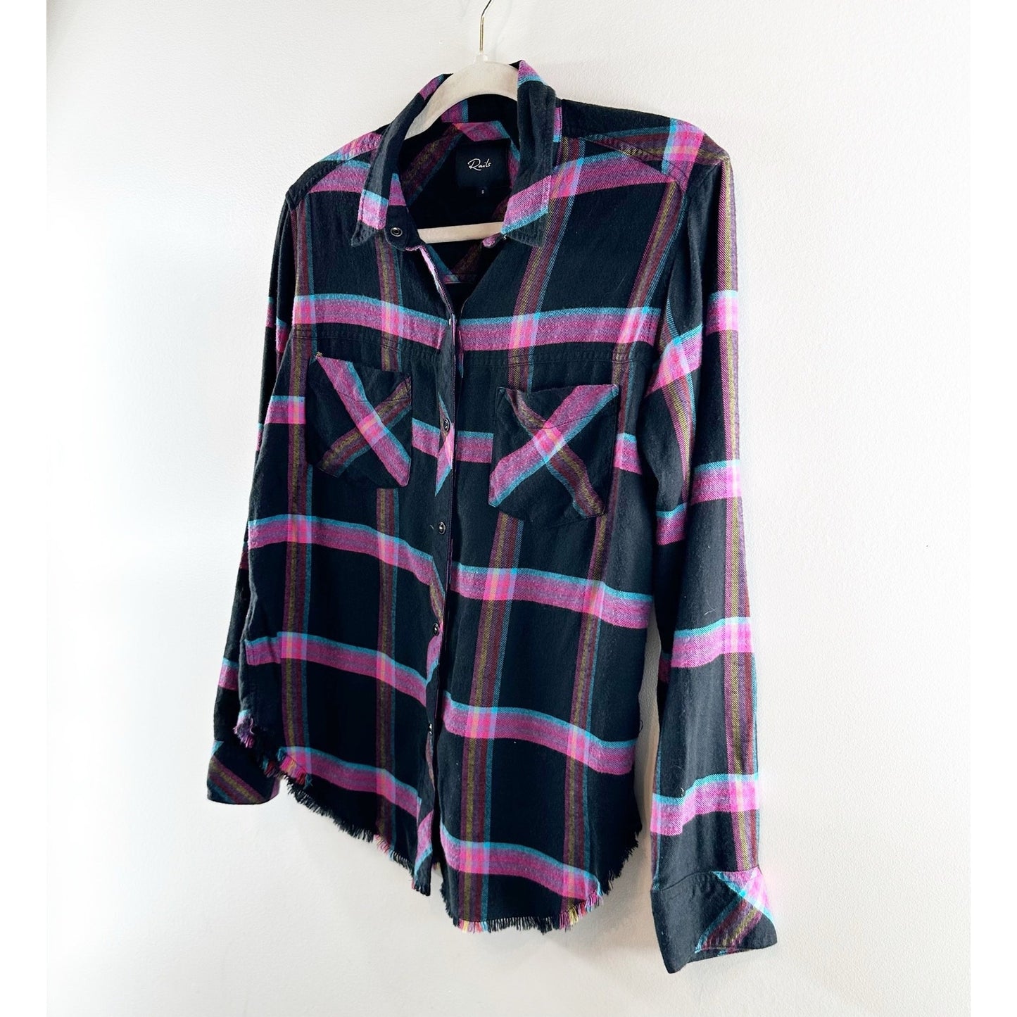 Rails Leo Long Sleeve Plaid Flannel Button Up Shirt Top Onyx Magenta Cayenne S